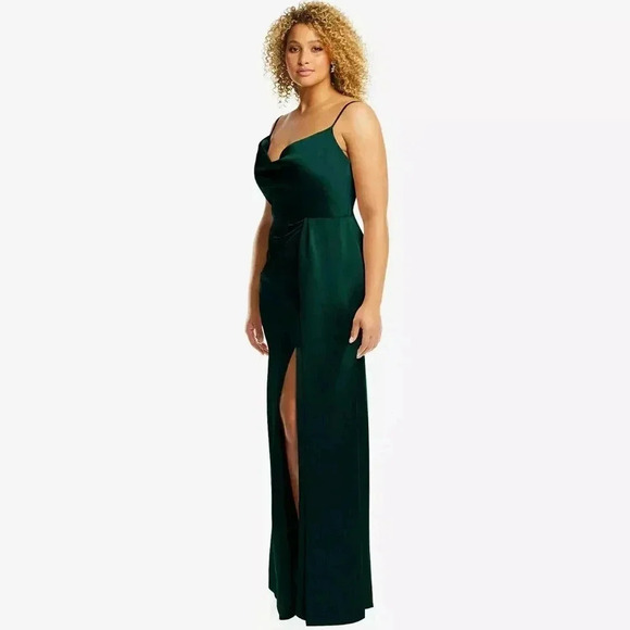 Dessy Group cowl necked wrap maxi dress w/ front slit in Evergreen NWT sz 22W - Picture 3 of 8